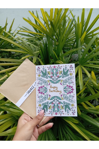 Happy Birthday Card and Envelope - Mandala Purple and Green Flowers 